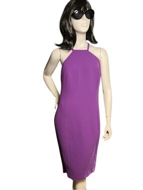 Calvin Klein Purple Halter Sheath Dress Open Back Gold Detail Size 8 NWT